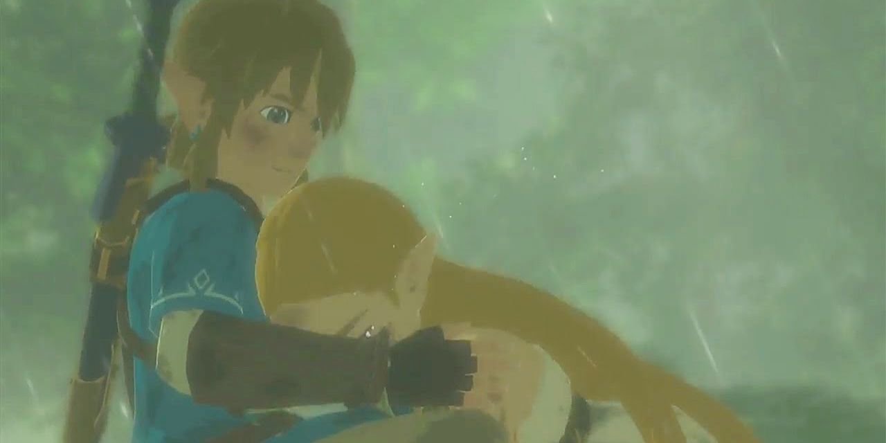 Zelda cries in Link's arms as the rain falls in Breath of the Wild.
