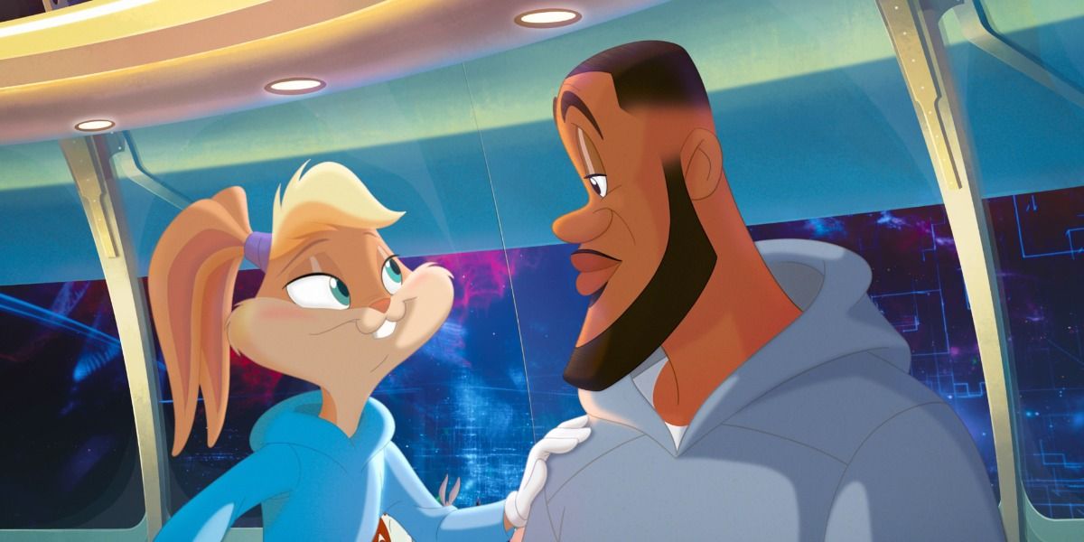 Lola Bunny and Lebron James from Space Jam 2021, Lola has her hand on Lebron's shoulder