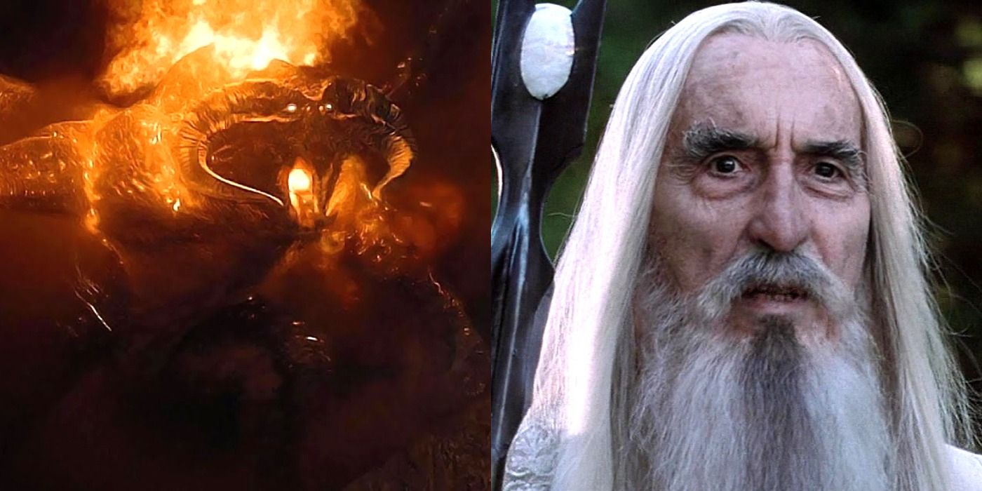 A split image of The Balrog and Saruman looking concerned in The Lord Of The Rings