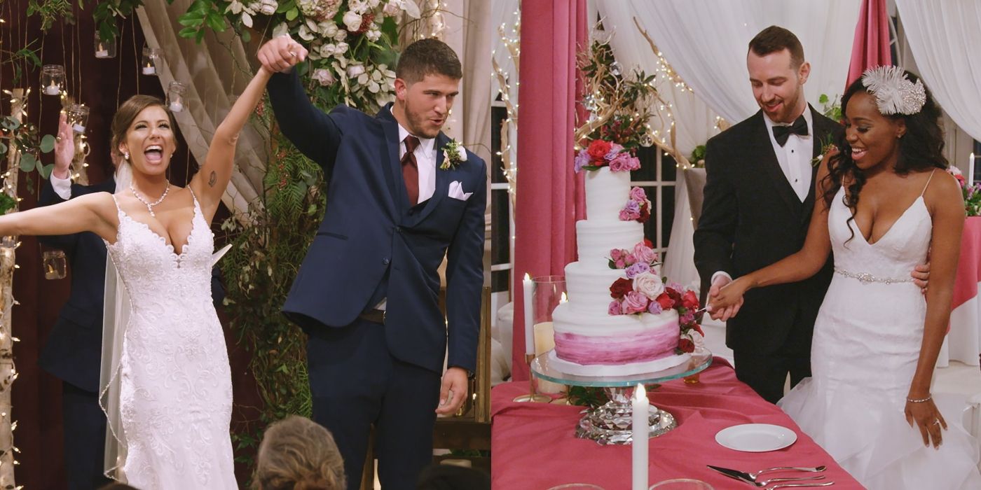 Split image of Amber and Barnett and Cameron and Lauren at their weddings on Love Is Blind