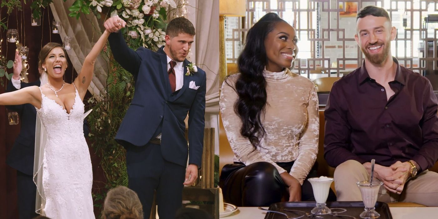Split image of Amber and Barnett on their wedding day and Lauren and Cameron sitting on Love Is Blind