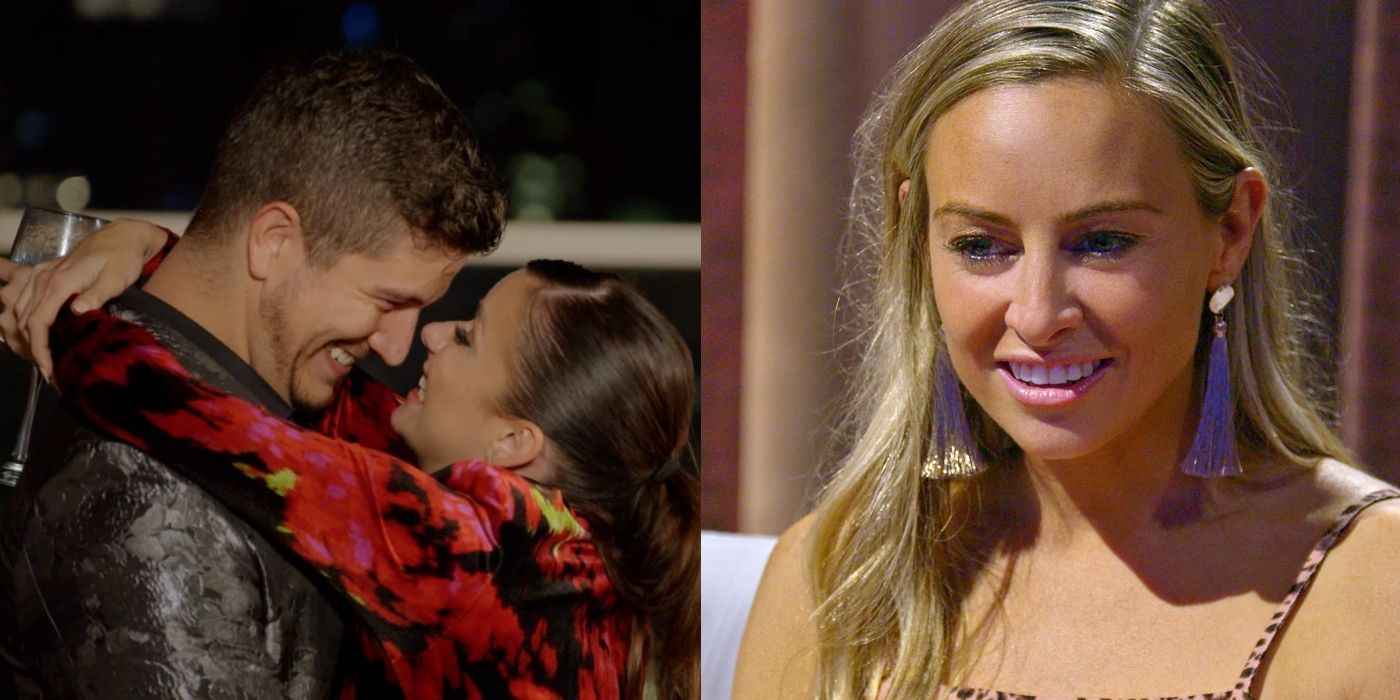 Split image of Barnett and Amber hugging and Jessica looking serious on Love Is Blind