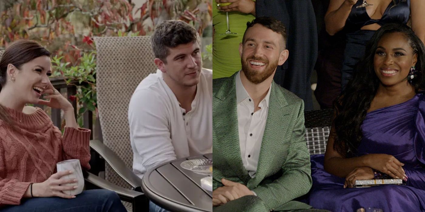Split image of Amber and Barnett and Cameron and Lauren on Love Is Blind