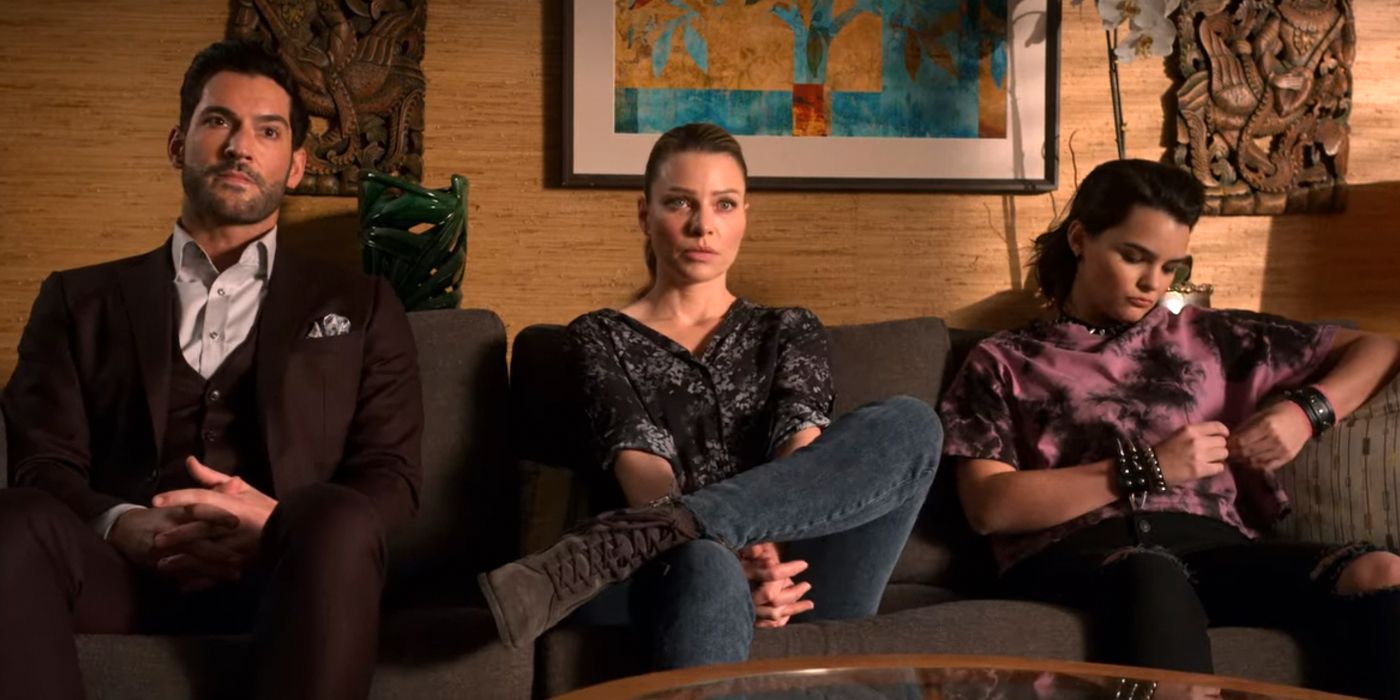 Lucifer, Chloe, and Rory on a couch
