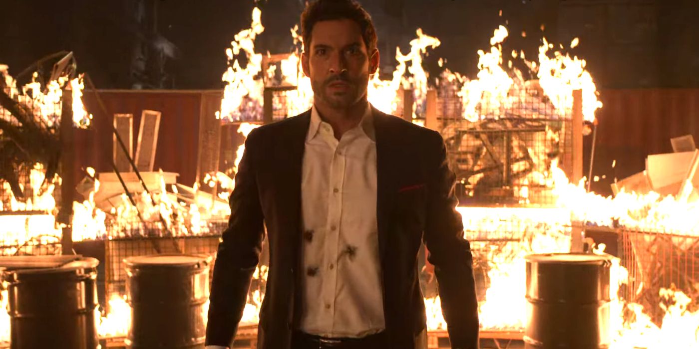 Lucifer Morningstar stares into camera as a fire burns around him