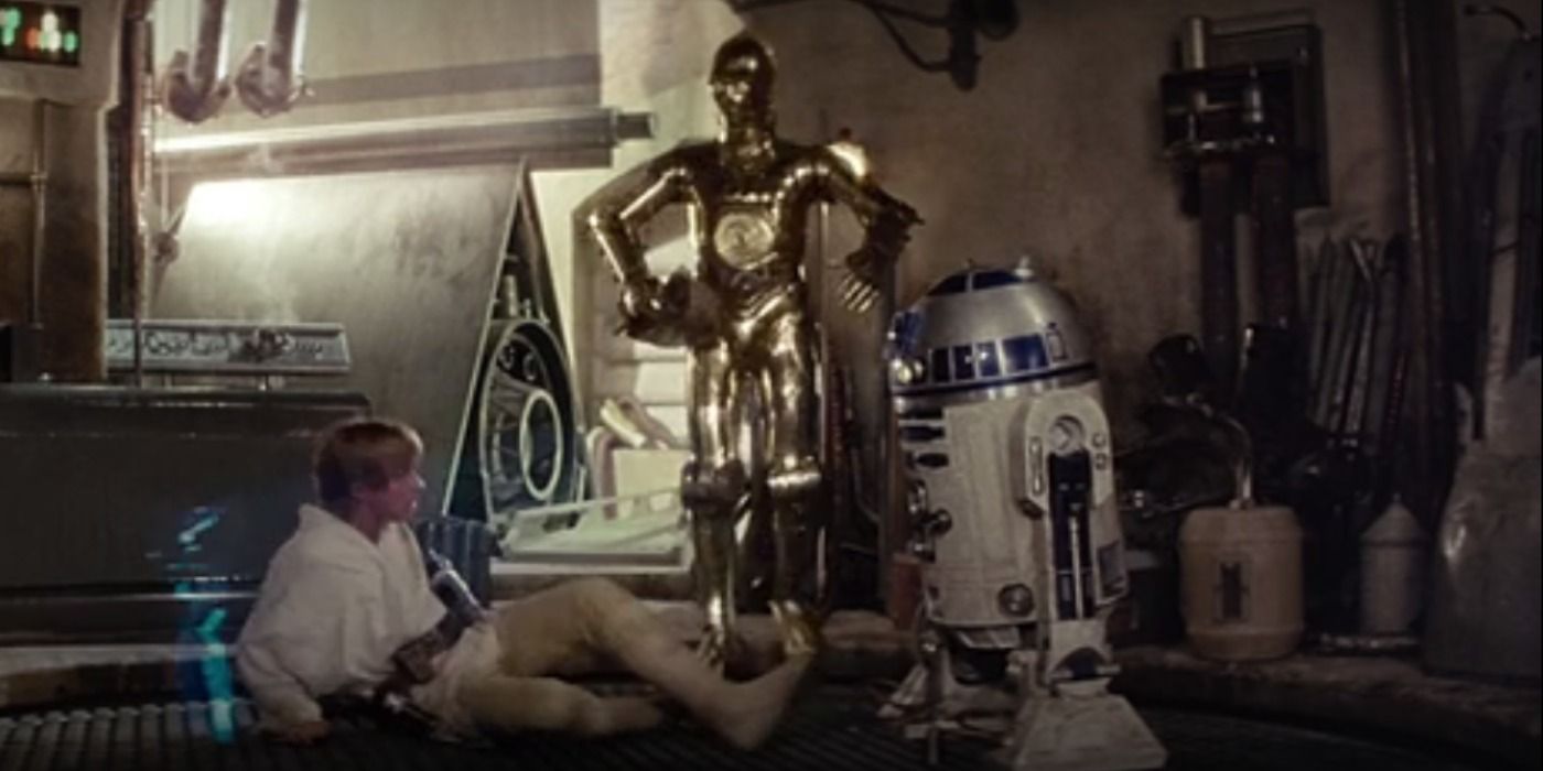Luke Skywalker uncovers the message from Princess Leia in R2-D2 on Tatooine in A New Hope