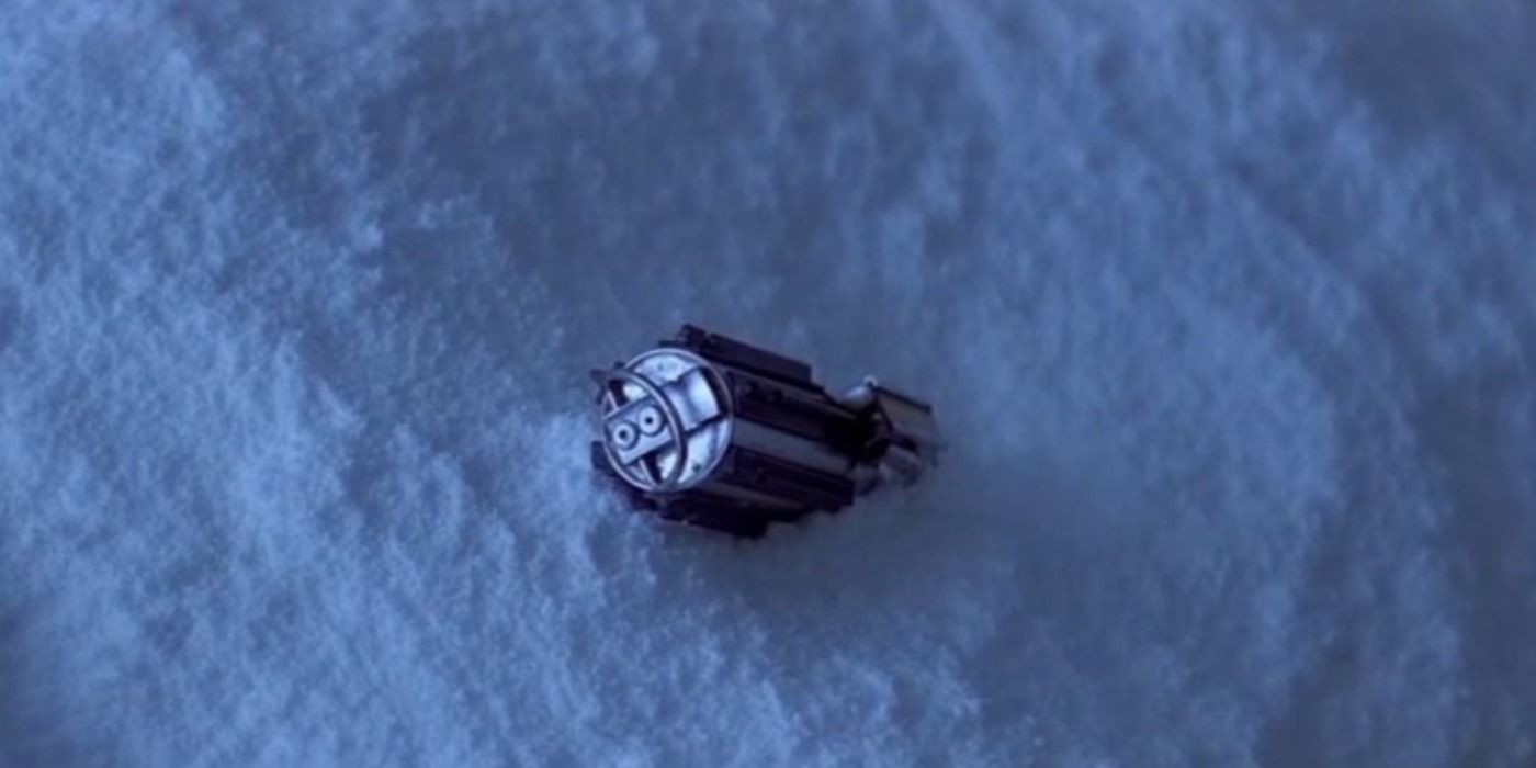 Luke Skywalker's lightsaber lies stuck in the snow in the Wampa's cave on Hoth in The Empire Strikes Back