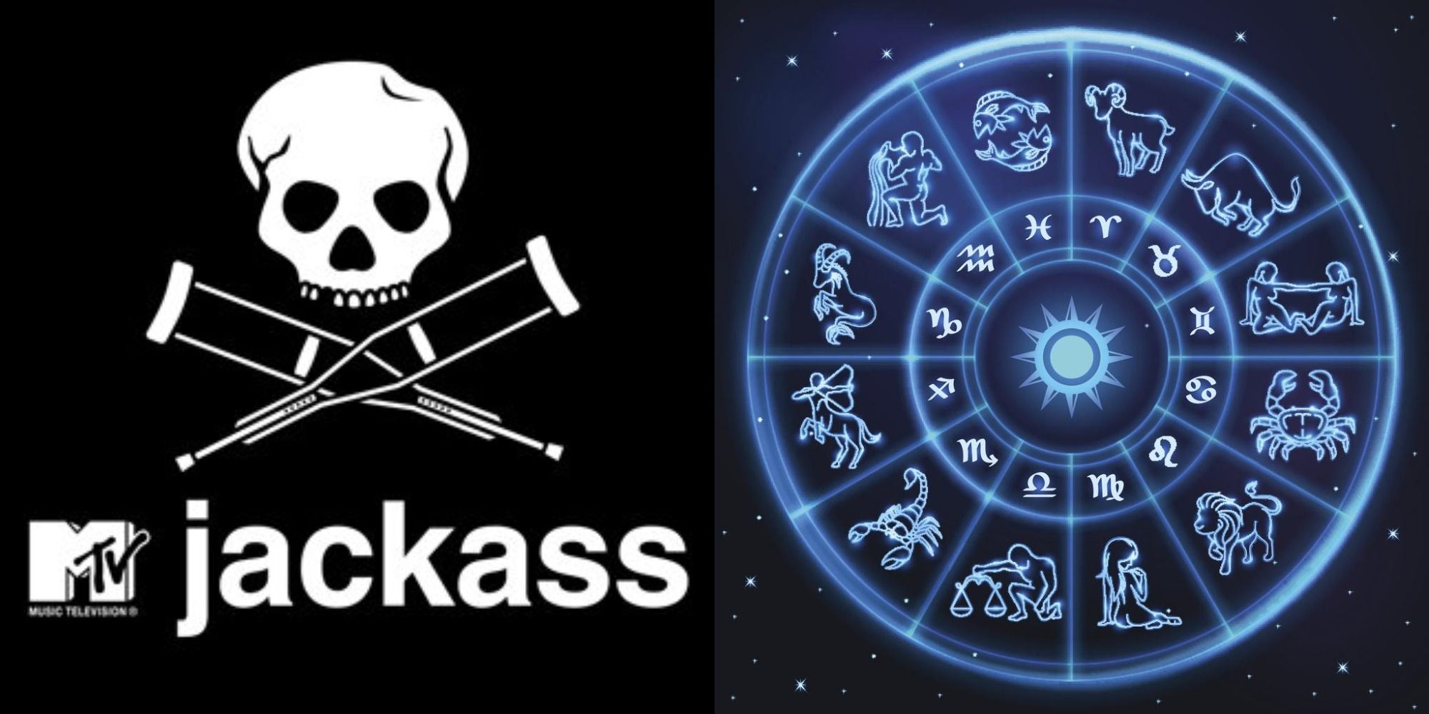 Split image showing the logo from the MTV show Jackass and a zodiac sign