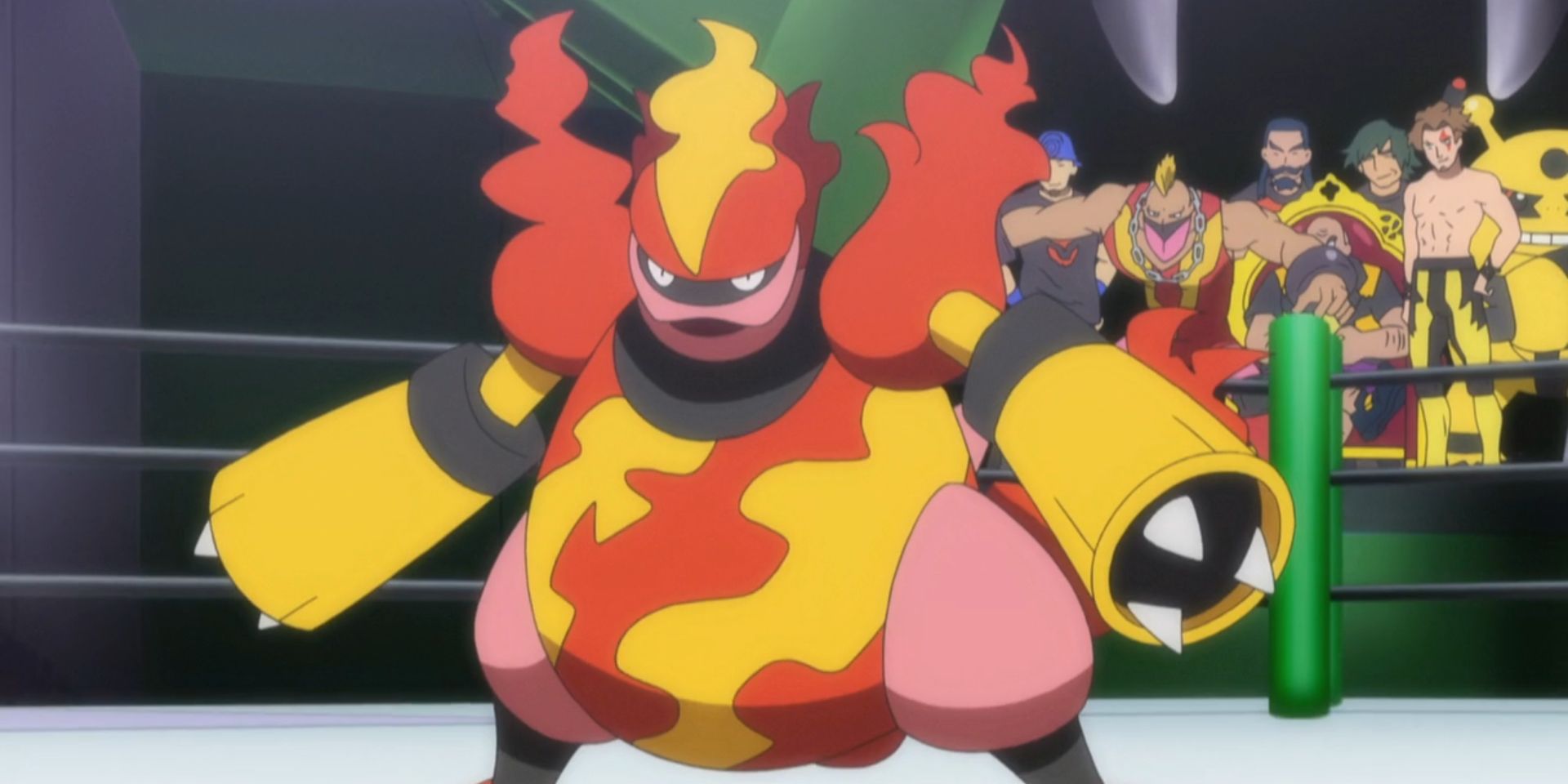 Magmortar stands ready to fight in a Pokemon battle arena in a Pokemon anime.
