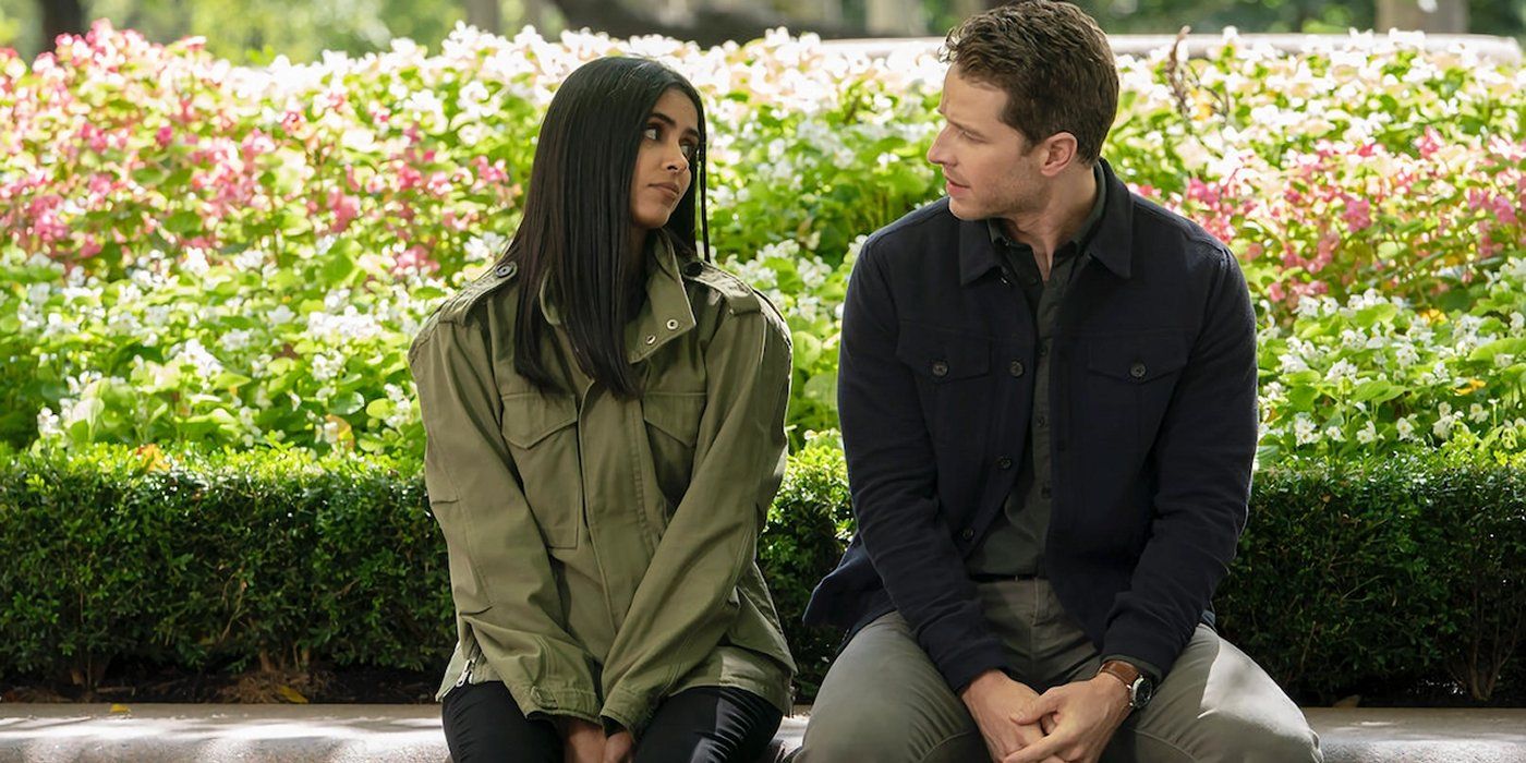 Ben and Saanvi sitting on a bench with a garden behind them in Manifest.