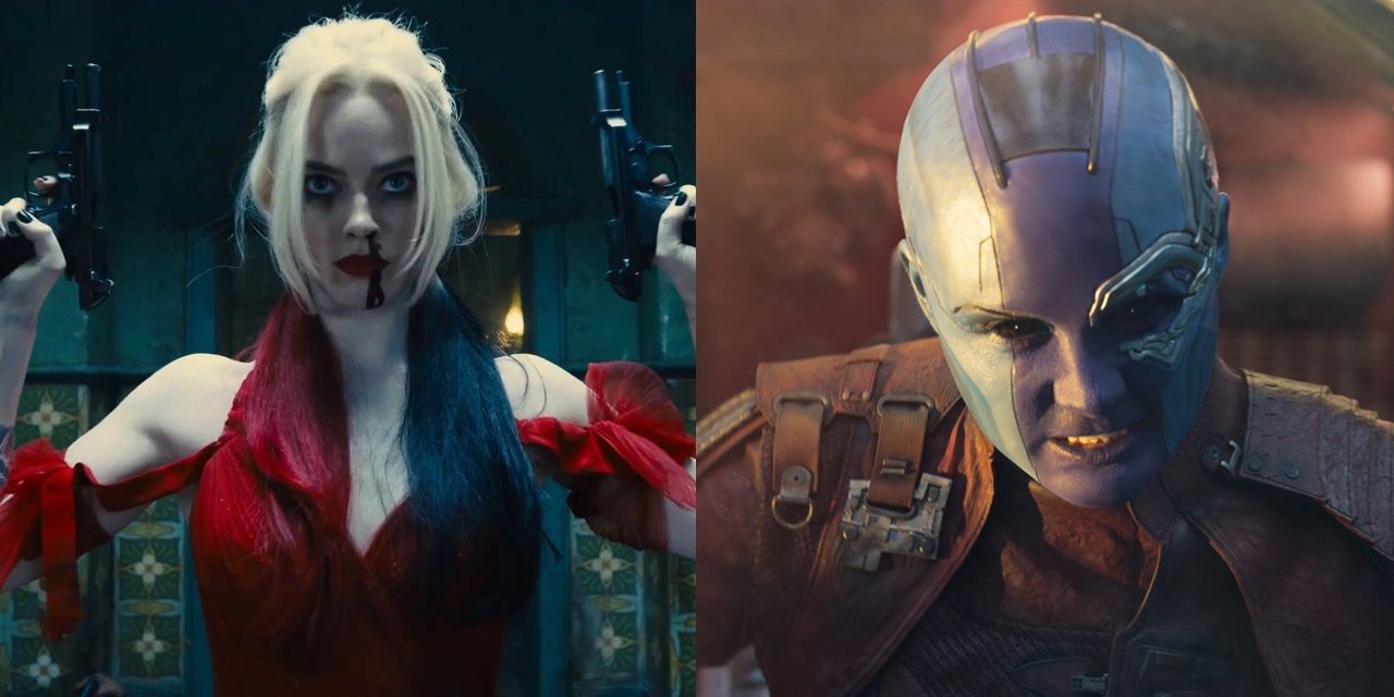 Margot Robbie as Harley Quinn in The Suicide Squad and Karen Gillan as Nebula in Guardians of the Galaxy