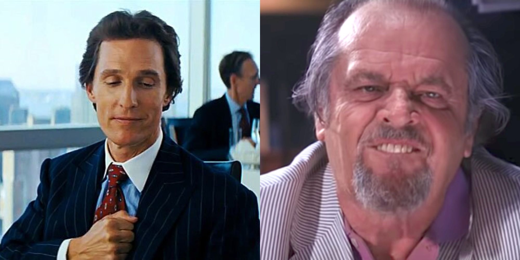 Split image of Matthew McConaughey in Wolf of Wall Street and Jack Nicholson mimicking a rat in The Departed