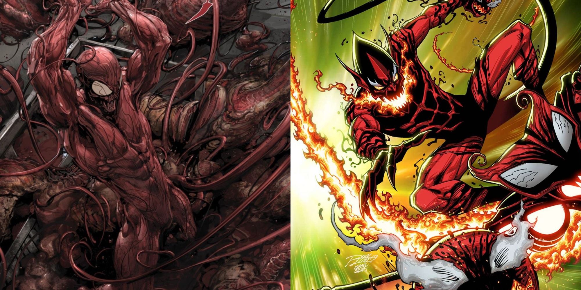 Split image of Carnage taking over Doverton and the Red Goblin