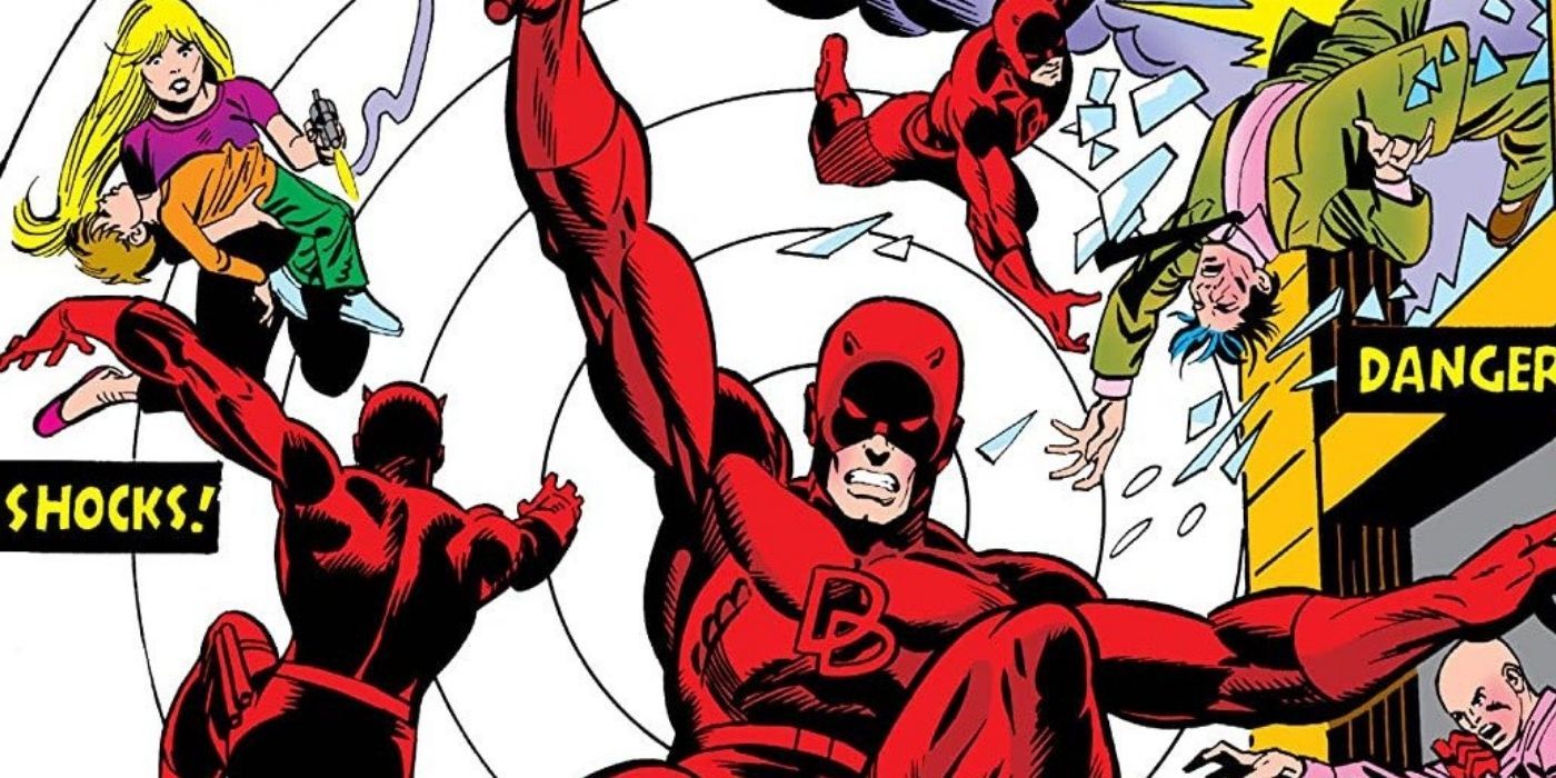 Daredevil performing several actions in the cover of Daredevil #139