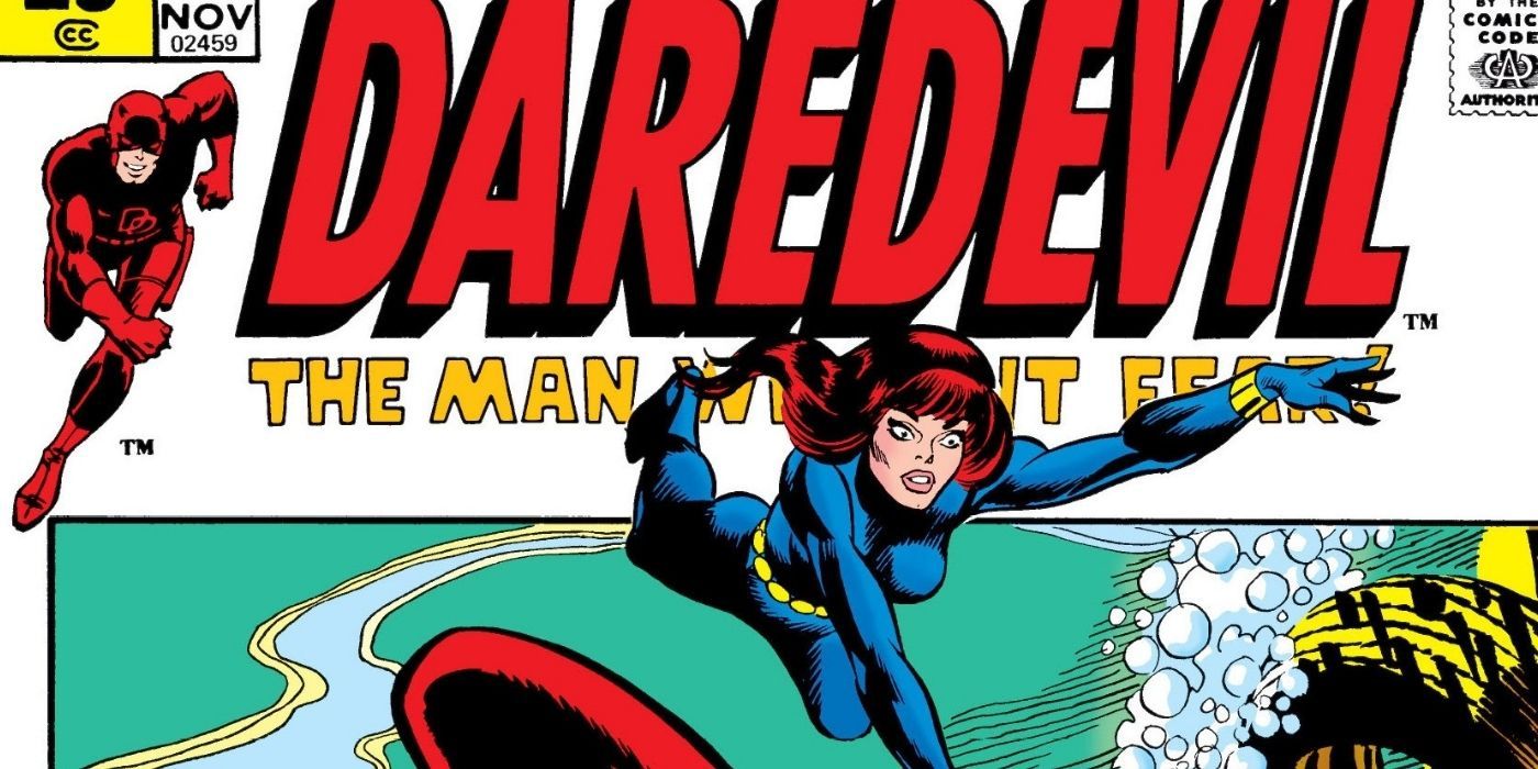 Black Widow jumping forward on the cover for Daredevil #81