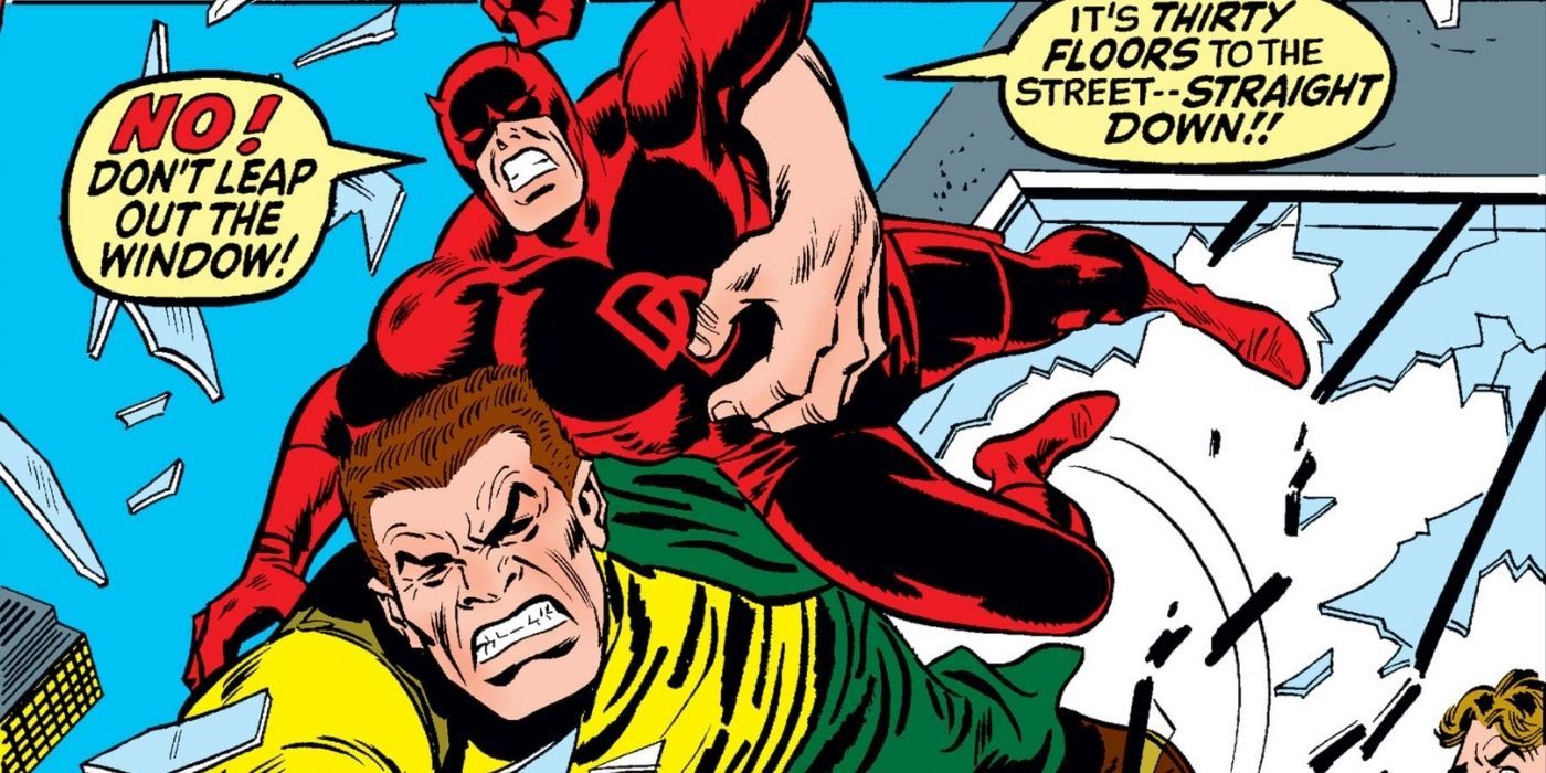 The Ox holds Daredevil and jumps out of a window in Darevel #86