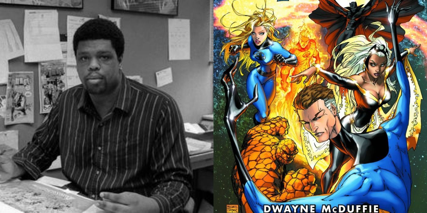 Split image showing comic book writer Dwayne McDuffie and a cover of the Fantastic Four with Storn and Black Panther