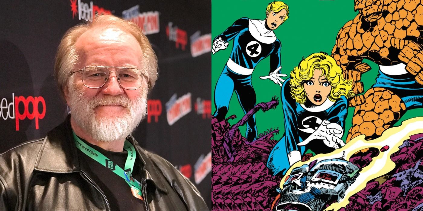 Split image shwoing comic book writer John Byrne and a cover for the Fantastic Four