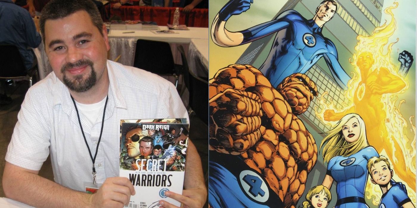 Split image showing comic book writer Johnathan Hickman and a cover for the Fantastic Four
