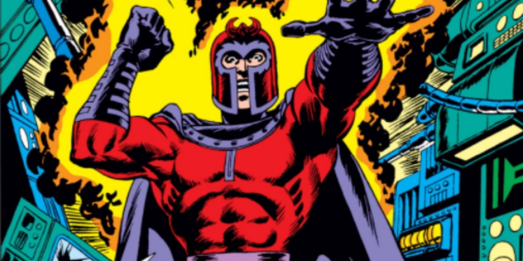 Magneto raising his arms while talking in X-Men comics