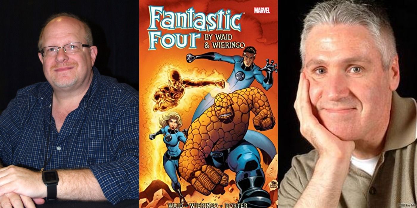 Split image showing Mark Waid and Mike Wieringo and a cover for the Fantastic Four