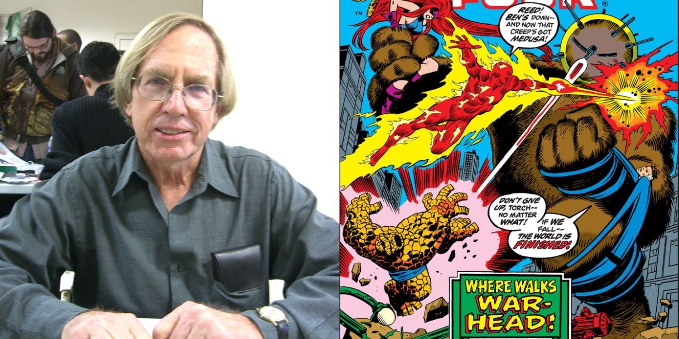Split image showing comic book writer Roy Thomas and a cover for the Fantastic Four