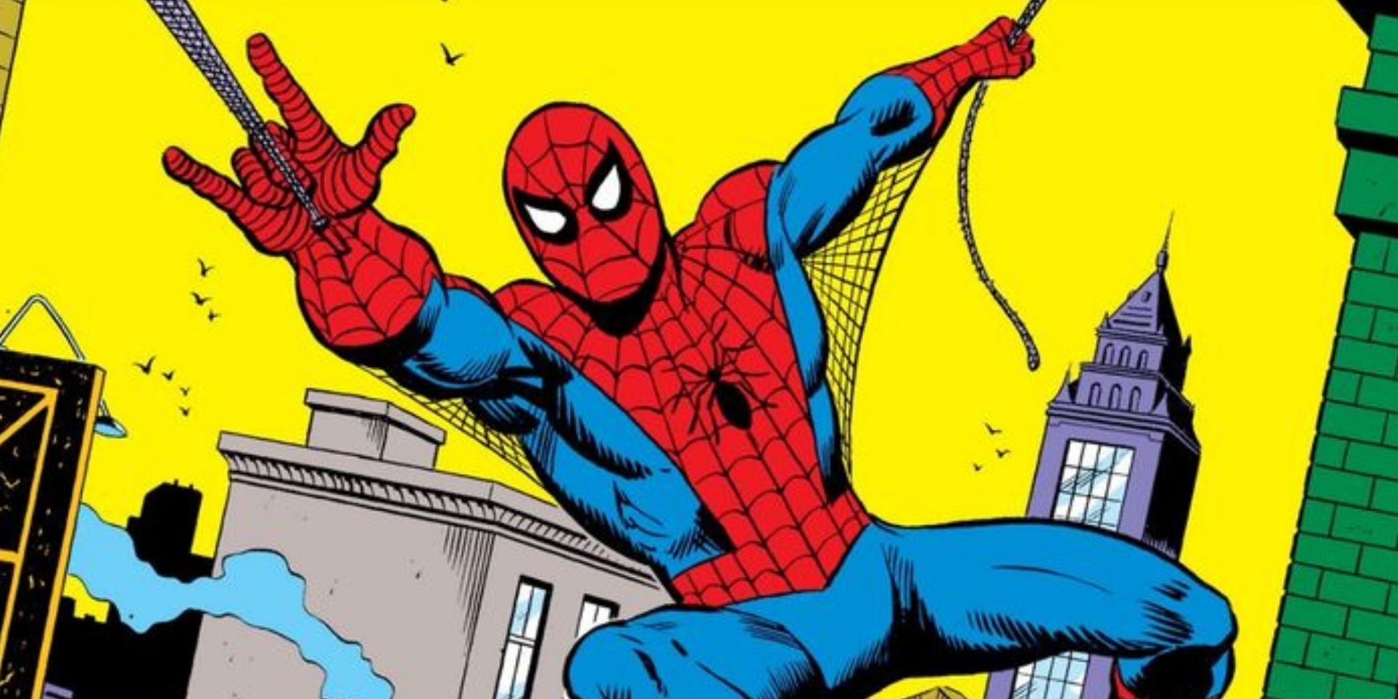 Spider-Man swinging with his webs in a Silver Age comic