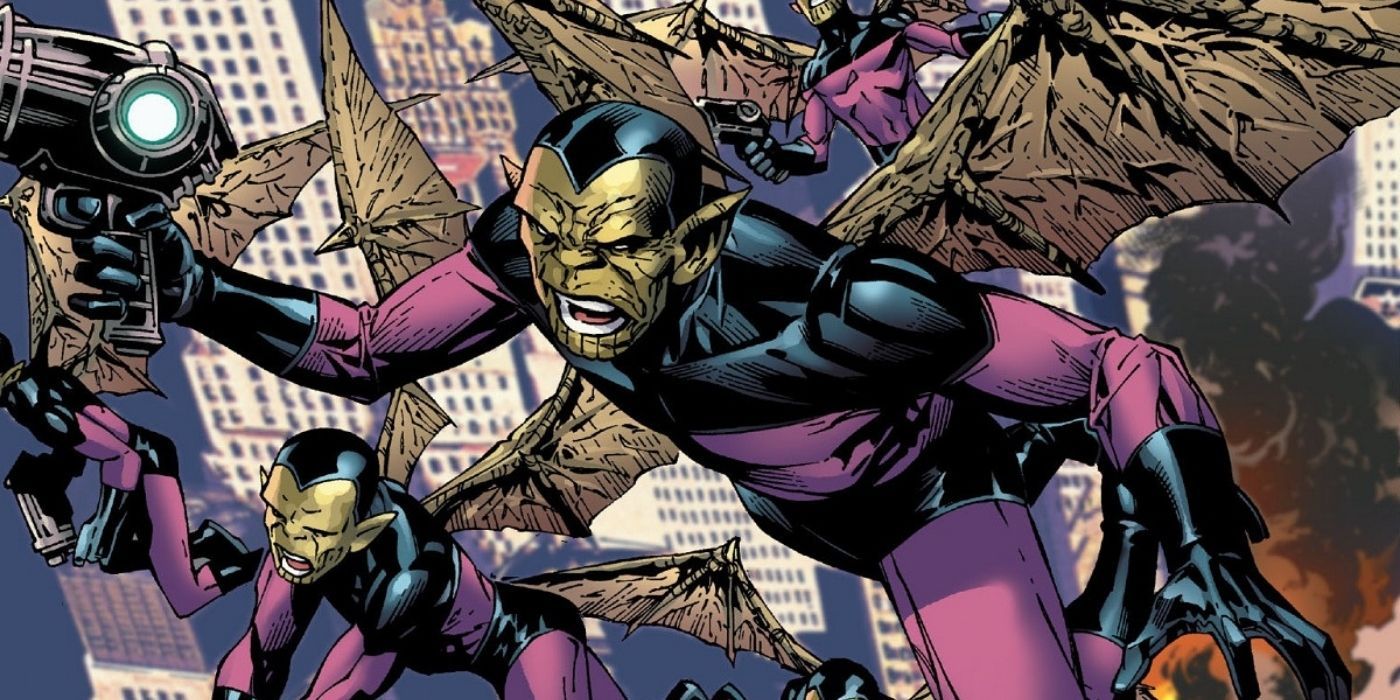 A group of Skrulls flying and attacking in Marvel Comics