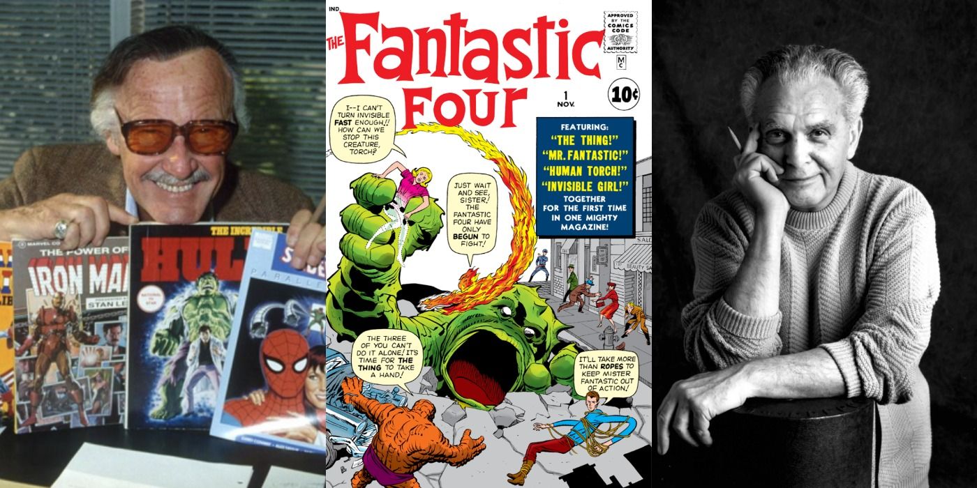 Split image showing Stan Lee and Jack Kirby and a cover for the Fantastic Four
