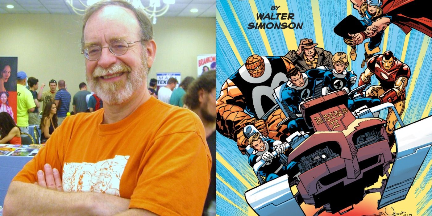 Split image showing comic book writer Walt Simonson and a cover for the Fantastic Four with Thor and Iron Man