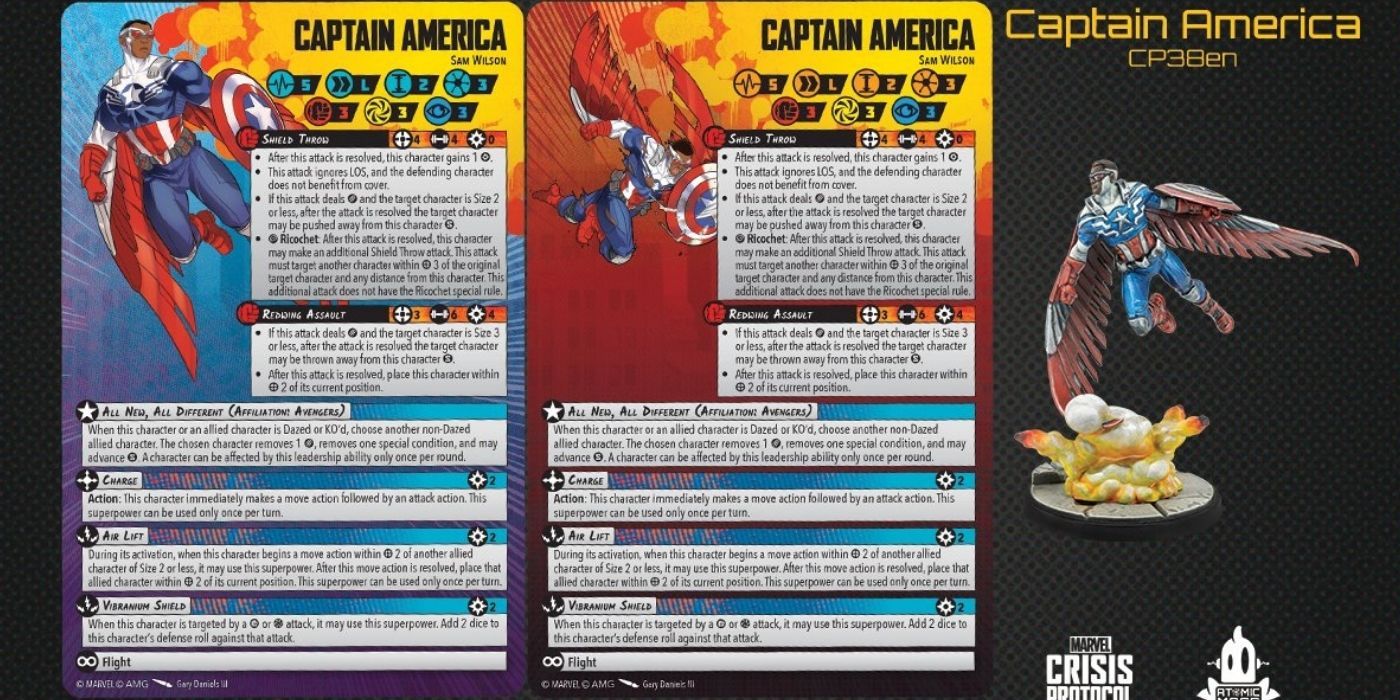 Cards and figurine of Sam Wilson's Captain America in Marvel Crisis Protocol