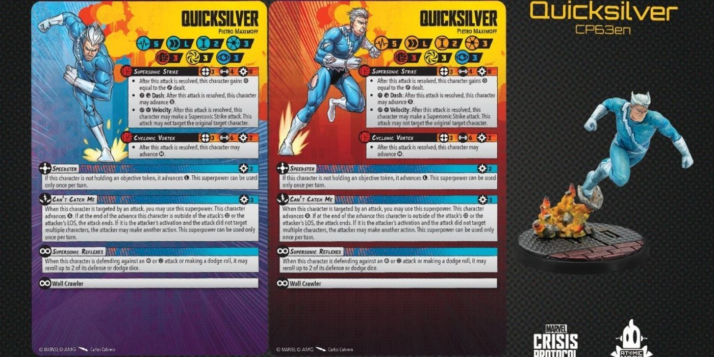 Quicksilver's cards and figurine in Marvel Crisis Protocol