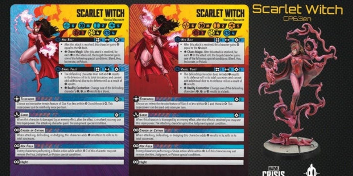 Scarlet Witch card and figurines in Marvel Crisis Protocol