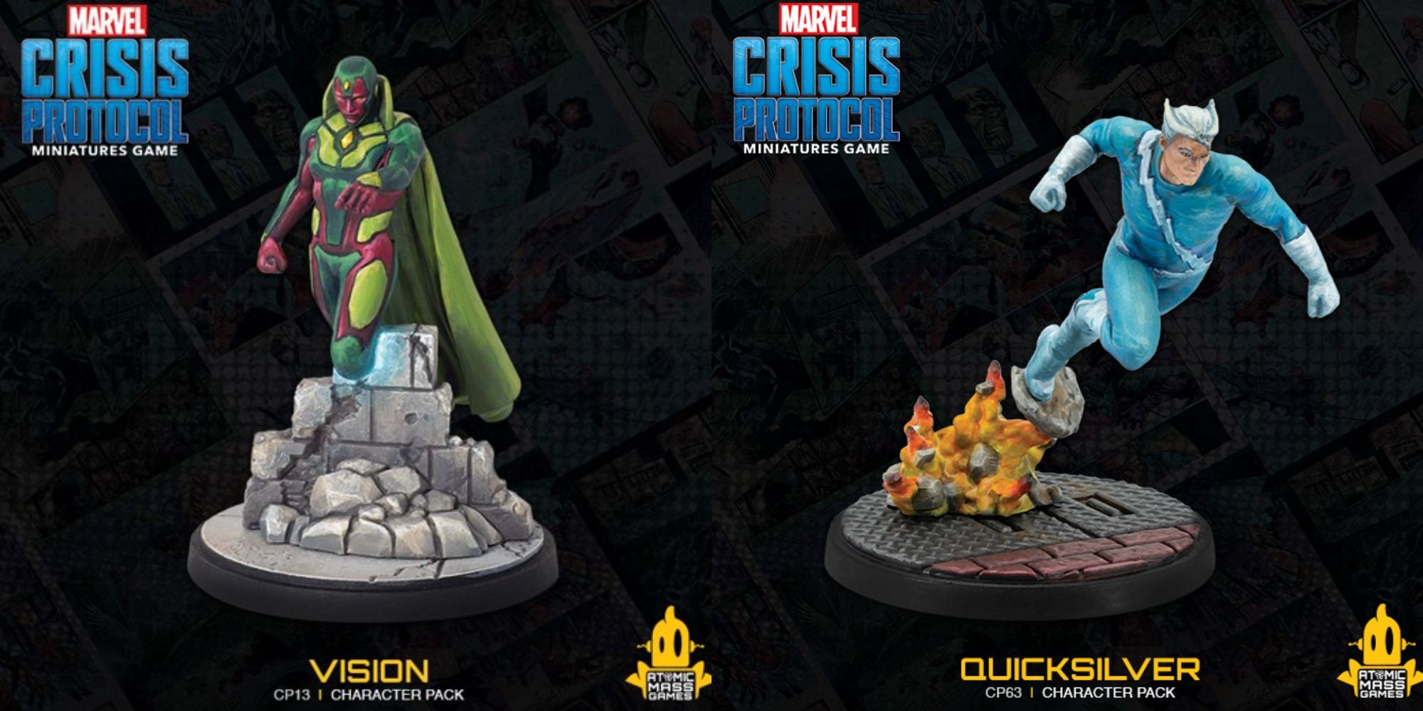 Split image showing figurines for Vision and Quicksilver in Marvel Crisis Protocol.
