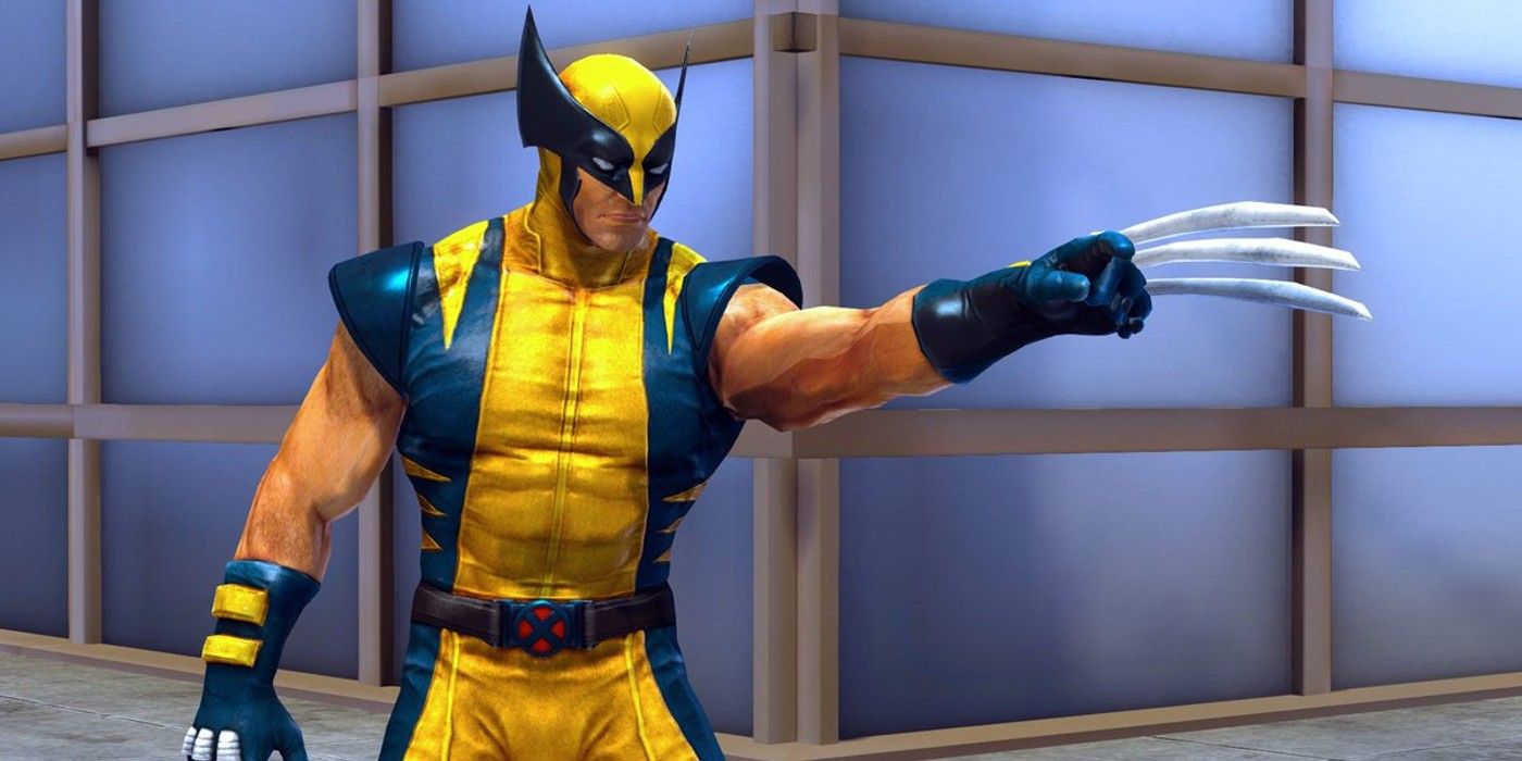 Wolverine wears his classic yellow costume and holds out his claws