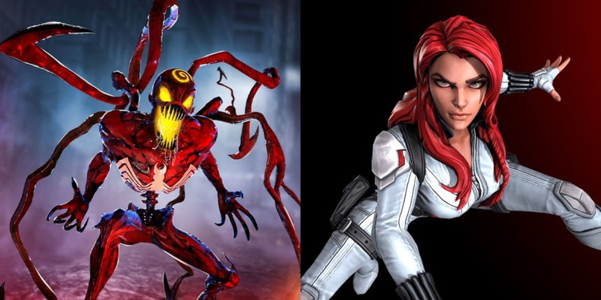 Split image showing skins for Absolute Carnage and Black Widow's Snow Suit in Marvel Strike Force