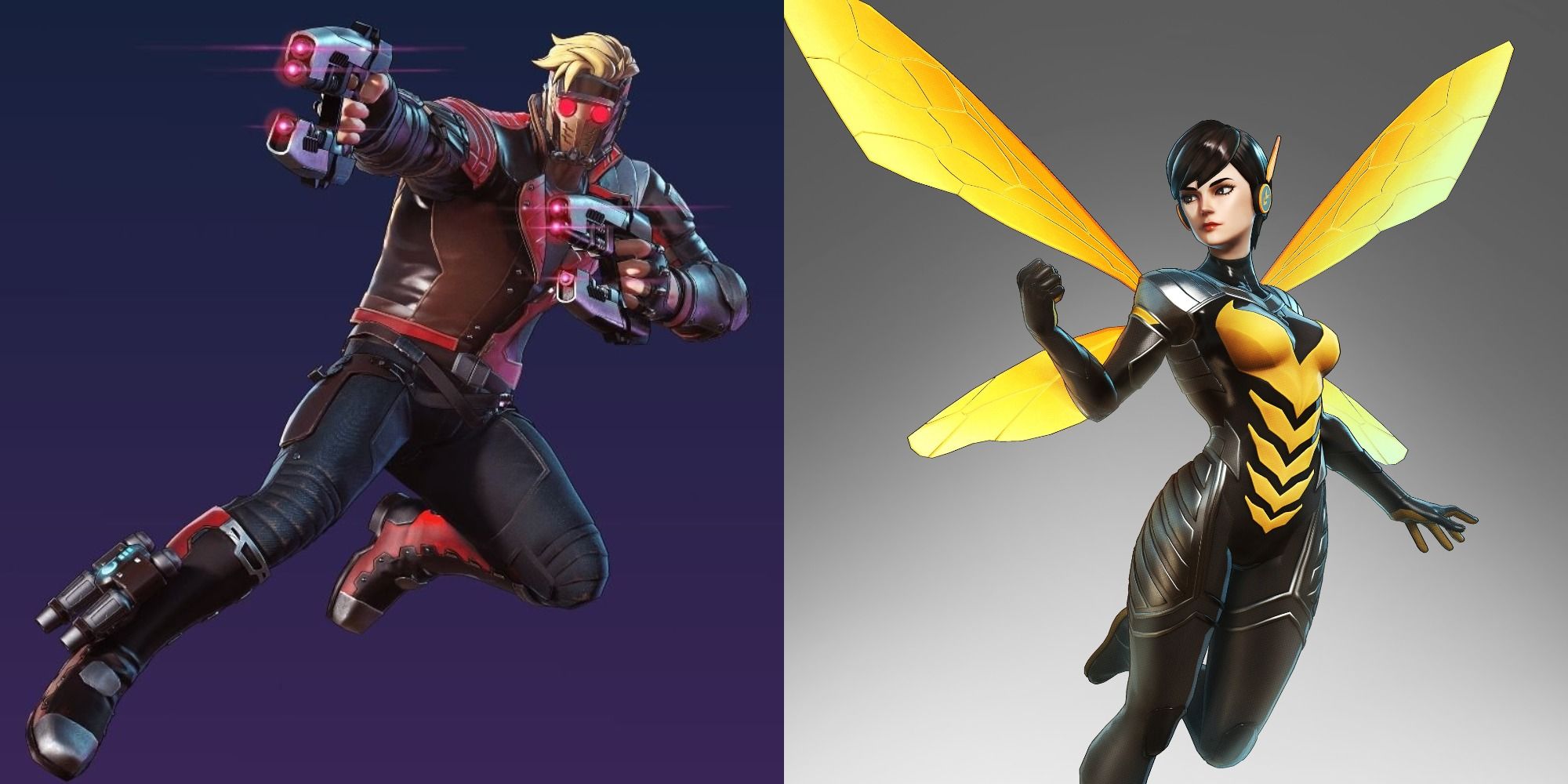 Split image showing Star Lord and Wasp in Marvel Ultimate Alliance 3.