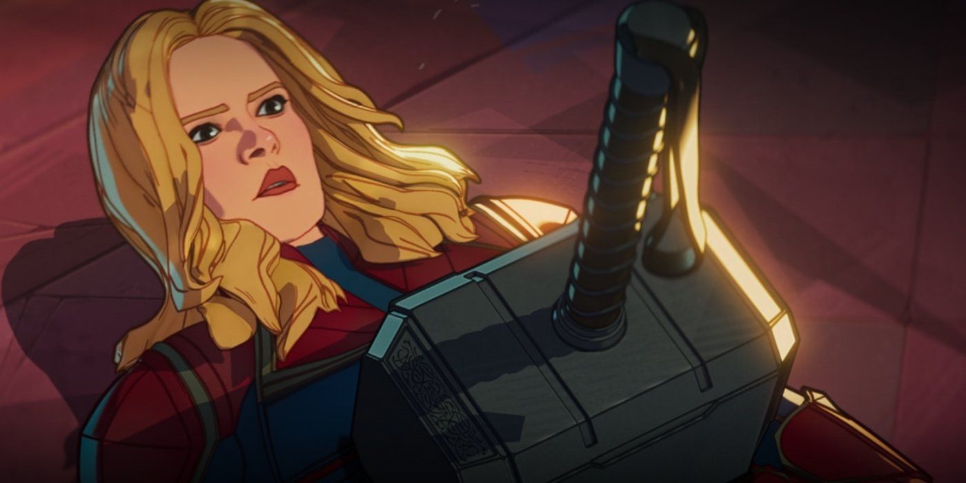 Captain Marvel stuck underneath Thor's Mjolnir in Marvel's What If...?