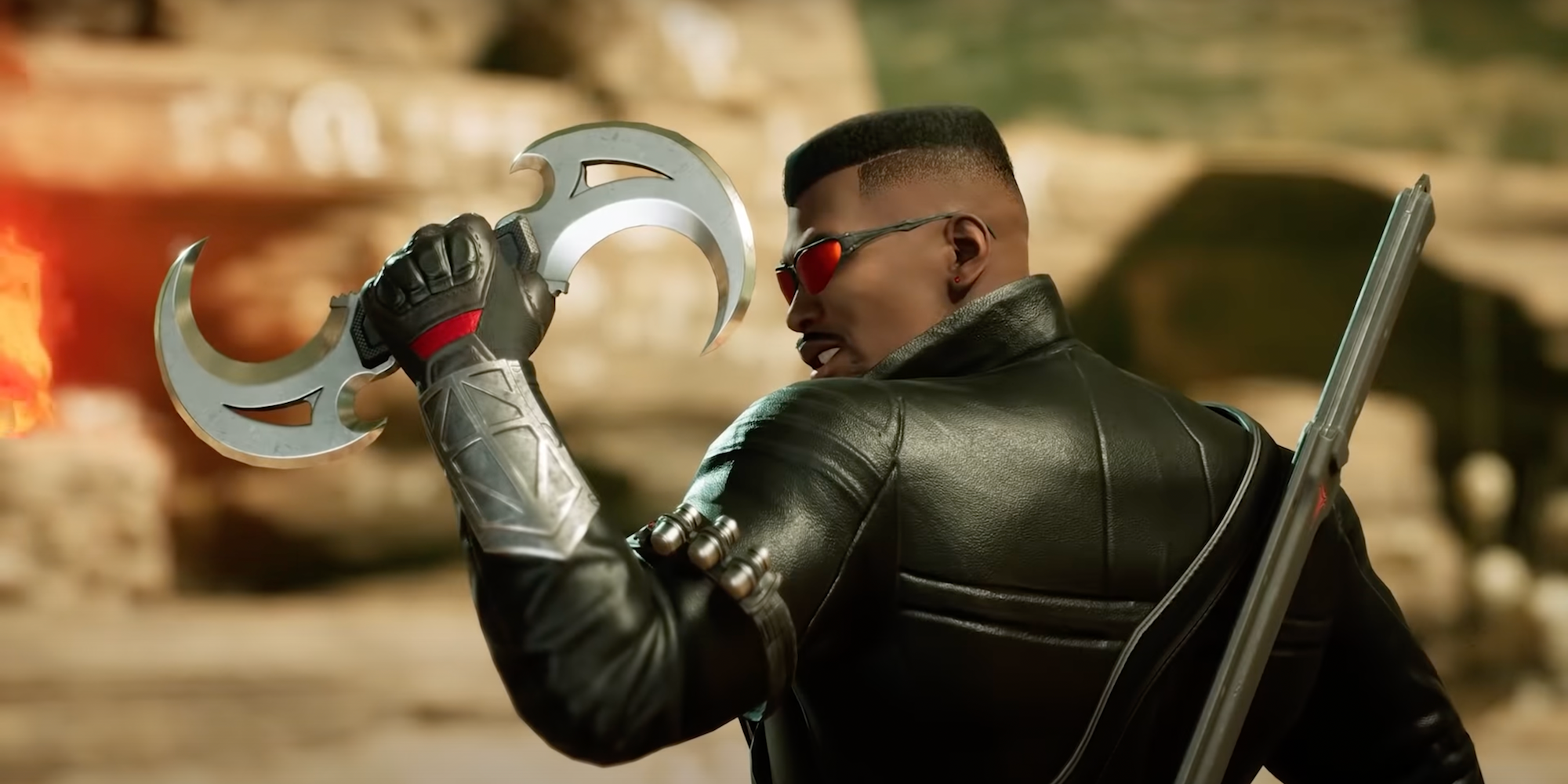 Blade holding his silver bladed boomerang in gameplay for Marvel's Midnight Suns