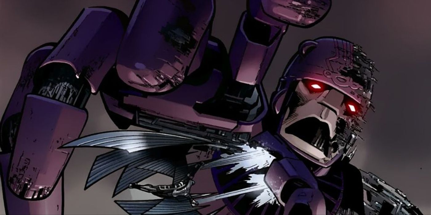 Master Mold battling Angel in X-Men comics.