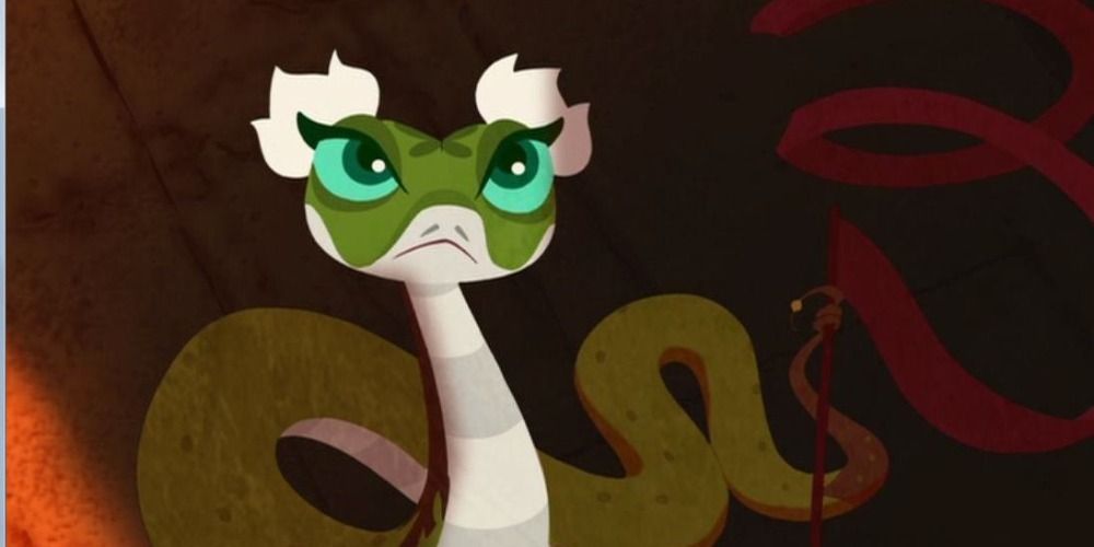 Master Viper from the Kung Fu Panda animated series, holding a red ribbon in her tail