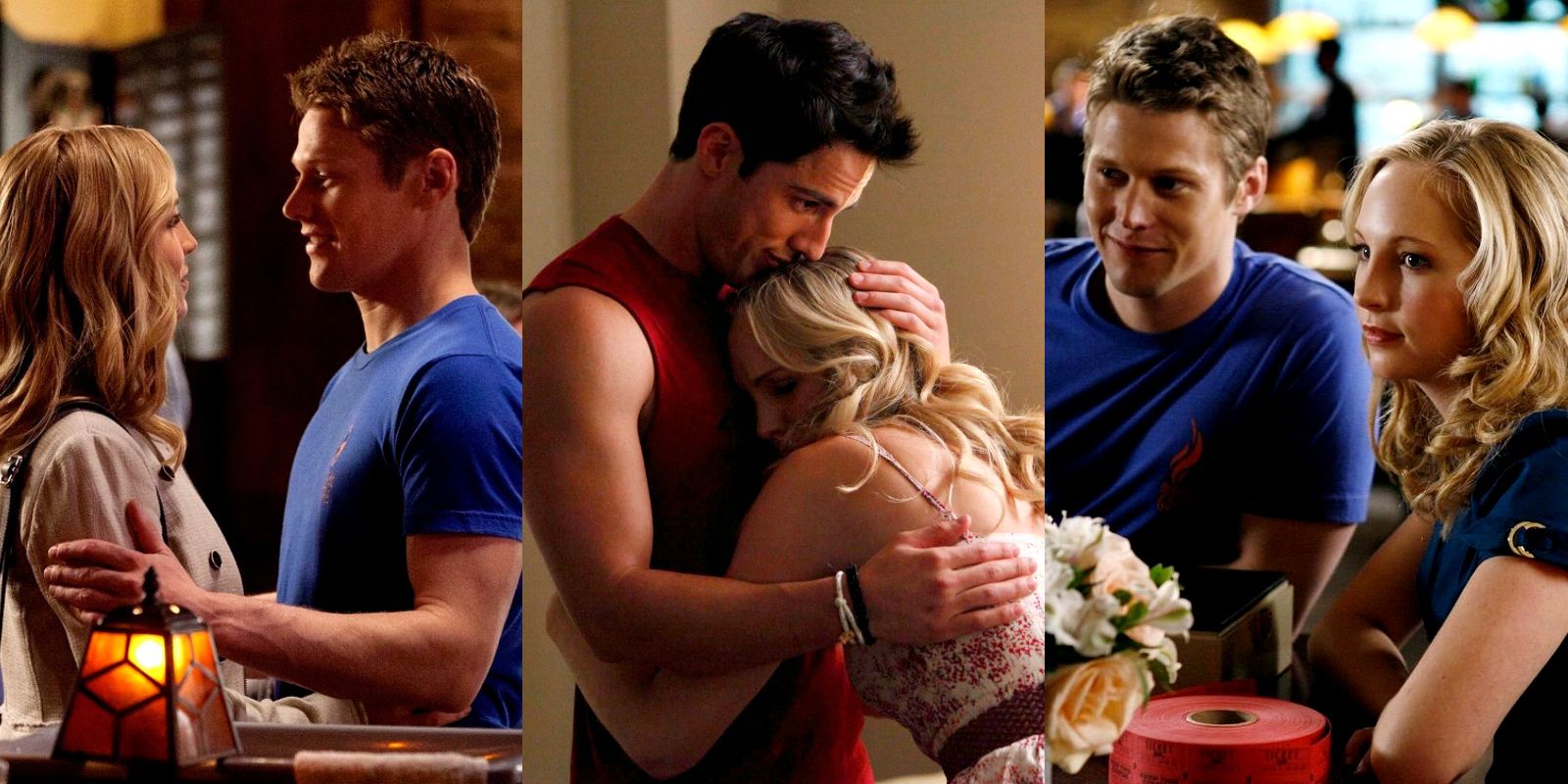 Split image of Caroline with Matt at the grill, and Tyler hugging Caroline in The Vampire Diaries.