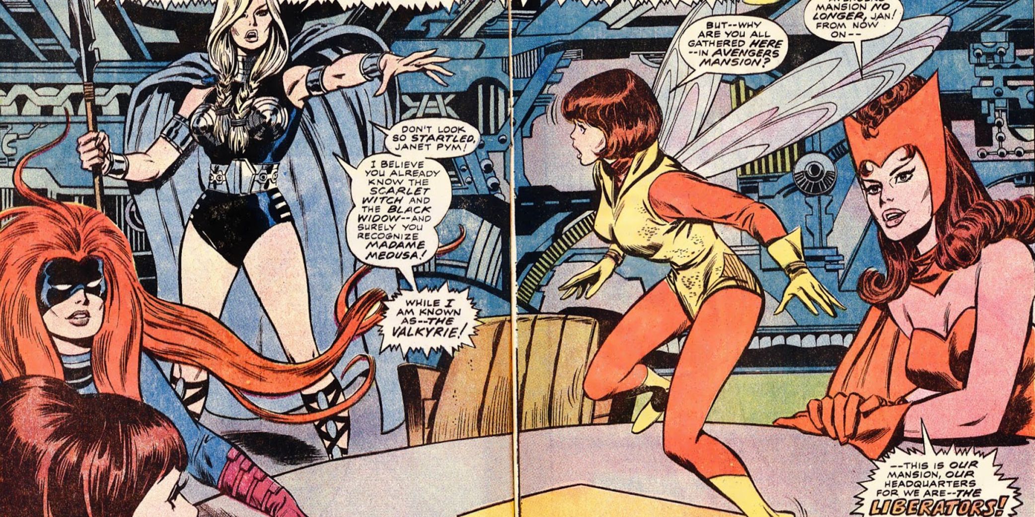 Marvel female heros sits around a table in a panel from a Marvel comic book.