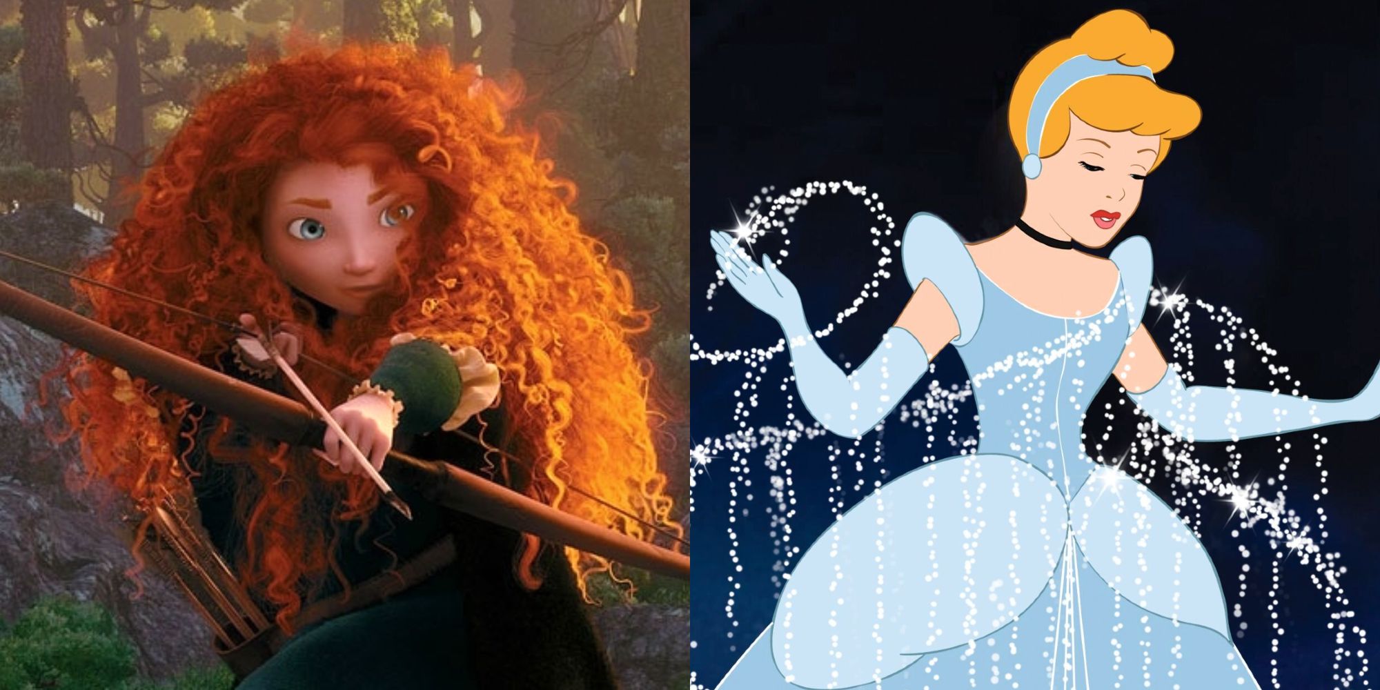 Split image: Merida nocking an arrow, Cinderella being enchanted into a gown