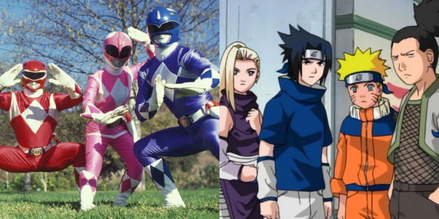A split image depicts the Red, Pink, and Blue Mighty Morphin Power Rangers and the Naruto characters Ino, Sasuke, Naruto, and Shikamaru