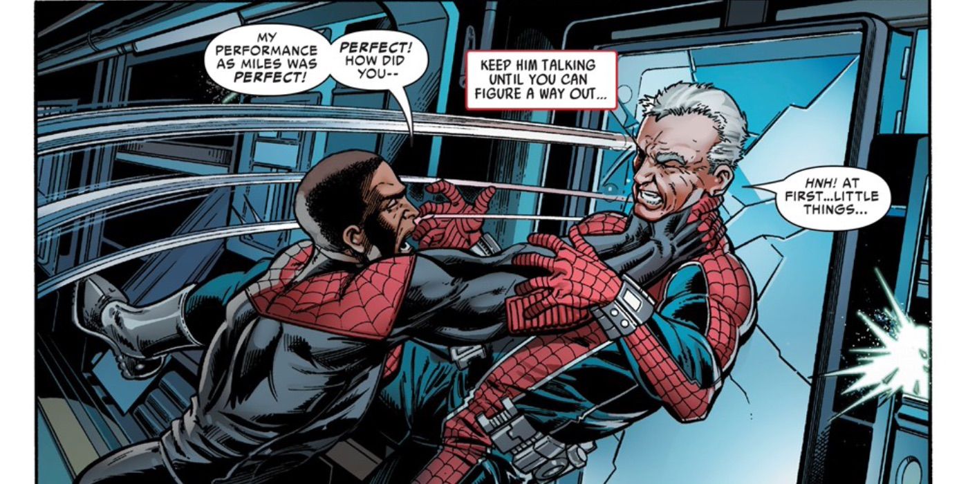 With Doc Ock having taken over Miles' mind, he attacks Peter while they are in space, after Peter reveals he found out who he is.