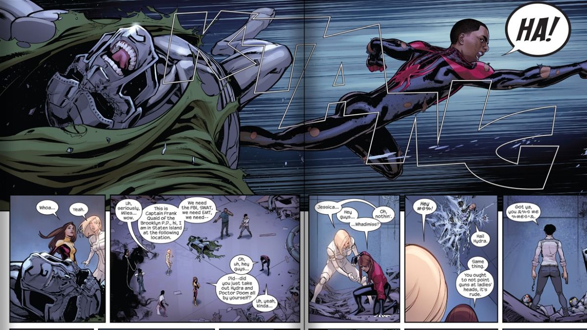 Miles Morales fighting Ultimate Doctor Doom.