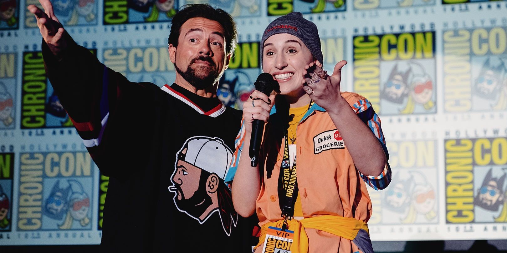 Milly and Kevin Smith on stage at Chronic-Con in Jay and Silent Bob Reboot