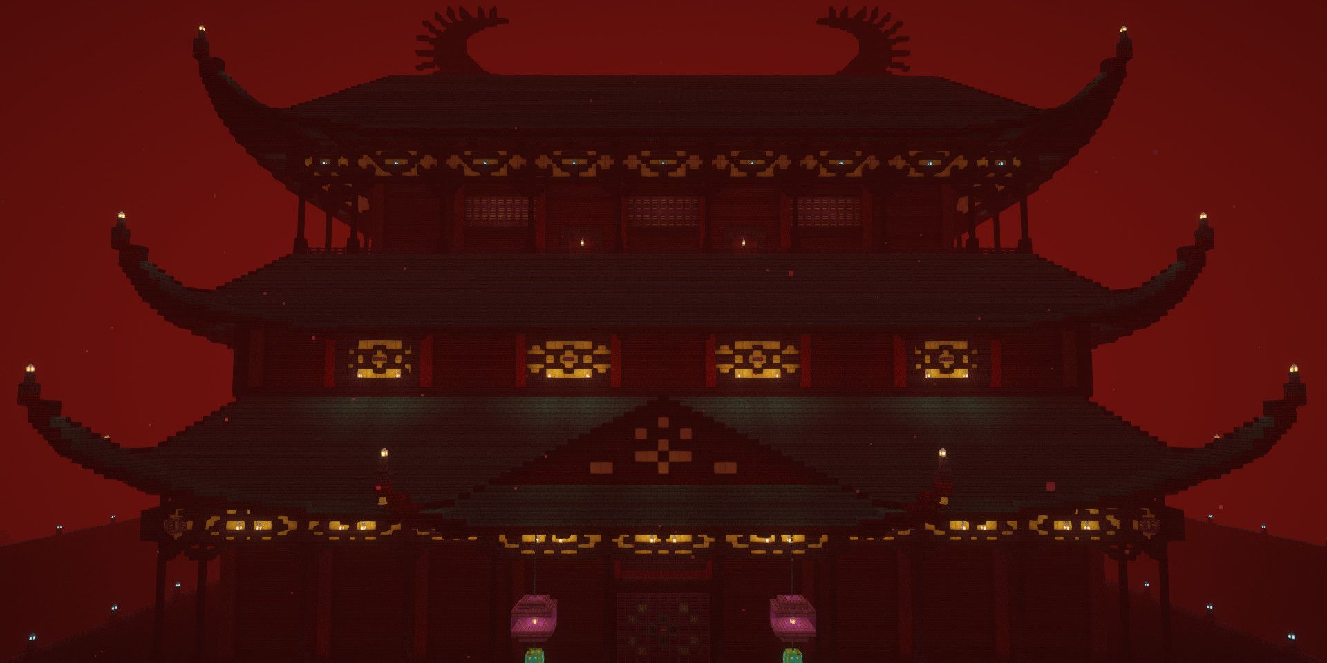 Screenshot of a Chinese palace created in the Minecraft Nether