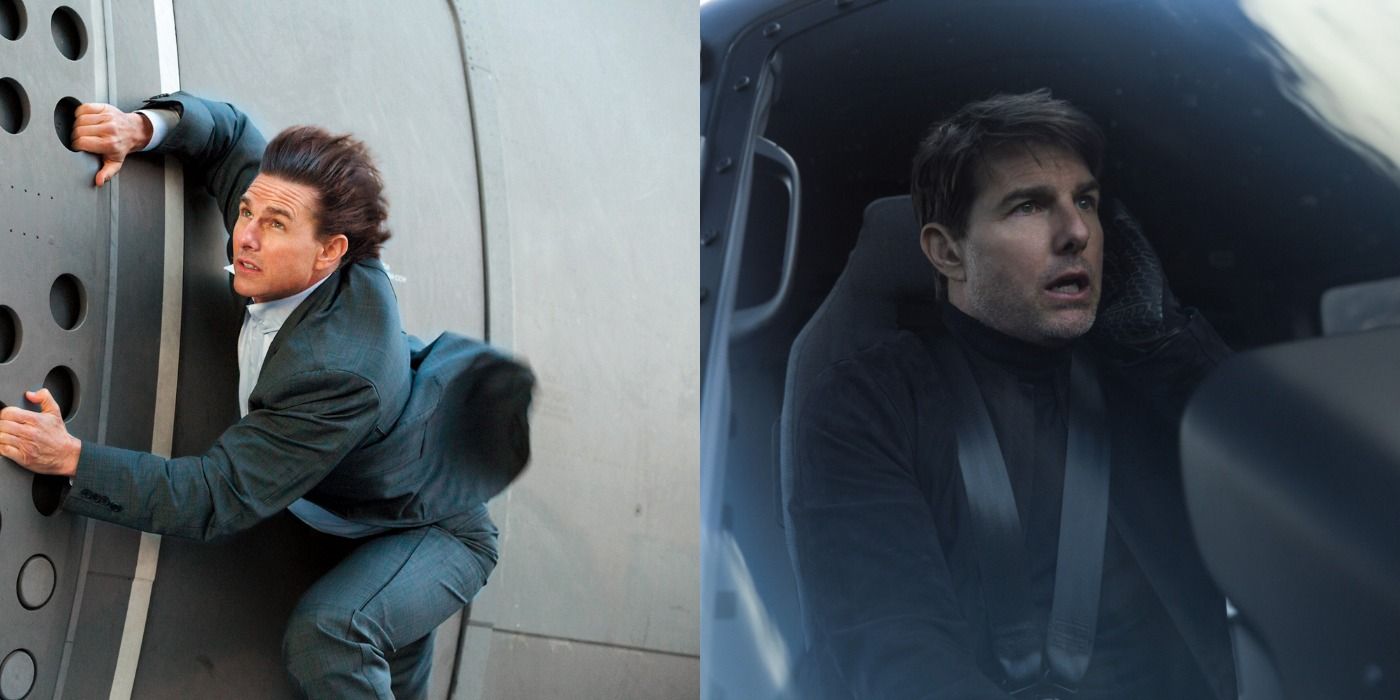 Split image of Ethan Hawke performing various action stunts in the Mission: Impossible franchise